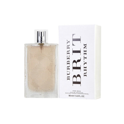 Burberry Brit Rhythm Eau de Toilette Spray for women, 3.0oz/90ml, with the product and its packaging displayed.