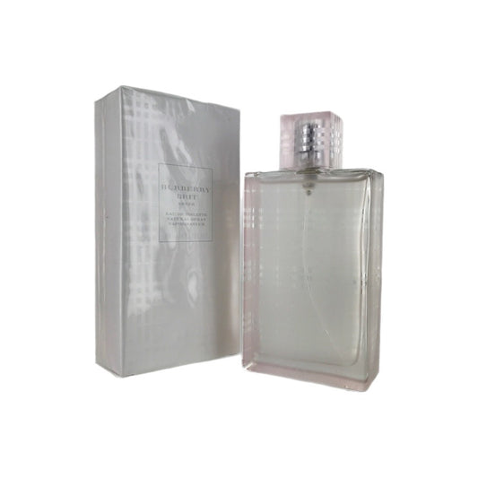 Burberry Brit Sheer Eau De Toilette Spray, size 3.3oz, in a clear glass bottle with a pink label and cap, accompanied by its packaging box.