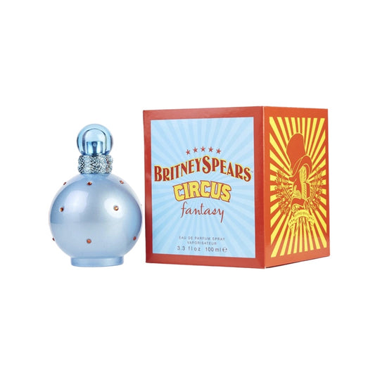 Bottle of Britney Spears Circus Fantasy Eau De Parfum Spray next to its packaging box.