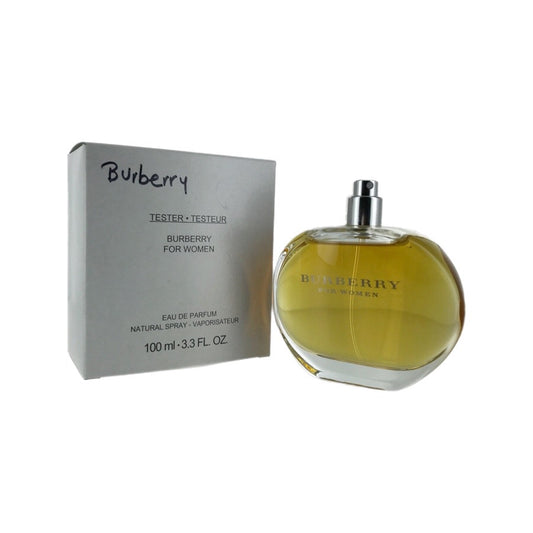 Burberry Eau de Parfum spray for women, 3.3oz/100ml, in a clear glass bottle with a silver cap, accompanied by a silver and white box with 'Burberry' branding.