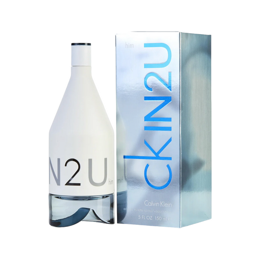 A bottle of Calvin Klein CK IN2U Eau De Toilette alongside its packaging box.
