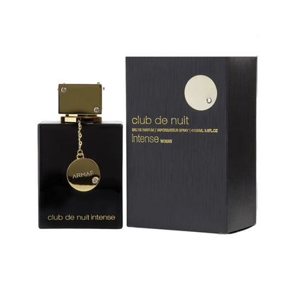 A bottle of Armaf Club De Nuit Intense EDP with a gold-colored cap and a black box packaging with the product name visible.