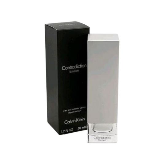 A bottle of Contradiction for Men eau de toilette spray by Calvin Klein, accompanied by its black packaging box. The bottle is silver and the box is black with white text.