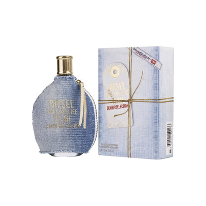 A Diesel Fuel For Life Denim EDT perfume bottle with a blue cap and a denim-textured design, accompanied by its packaging box with a gold bow.