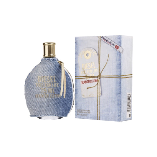 A Diesel Fuel For Life Denim EDT perfume bottle with a blue cap and a denim-textured design, accompanied by its packaging box with a gold bow.