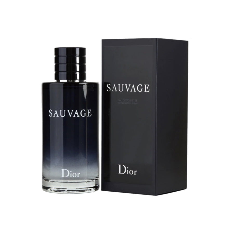 A bottle of Dior Sauvage EDT with a black label and cap, alongside a black box with the Dior logo. The bottle is clear, showcasing the dark blue liquid inside, and the box is Dior branded as well.