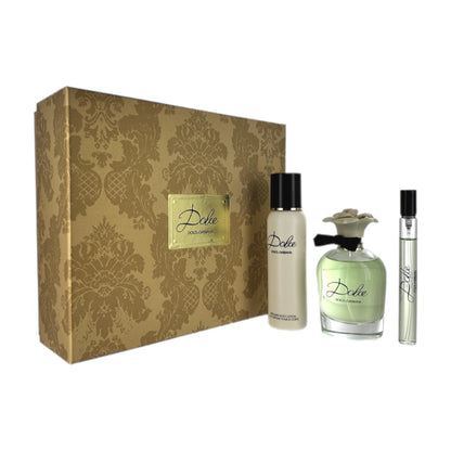 A gift set by Dolce & Gabbana including Eau De Parfum Spray, Eau De Parfum Travel Spray, and Perfumed Body Lotion, presented with a decorative box.