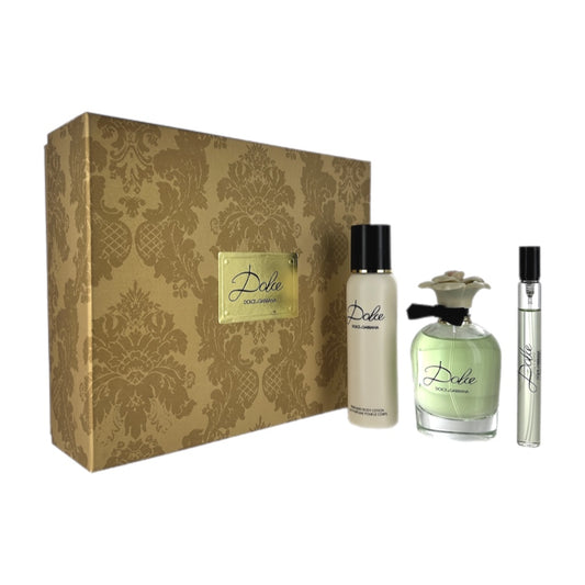 A gift set by Dolce & Gabbana including Eau De Parfum Spray, Eau De Parfum Travel Spray, and Perfumed Body Lotion, presented with a decorative box.