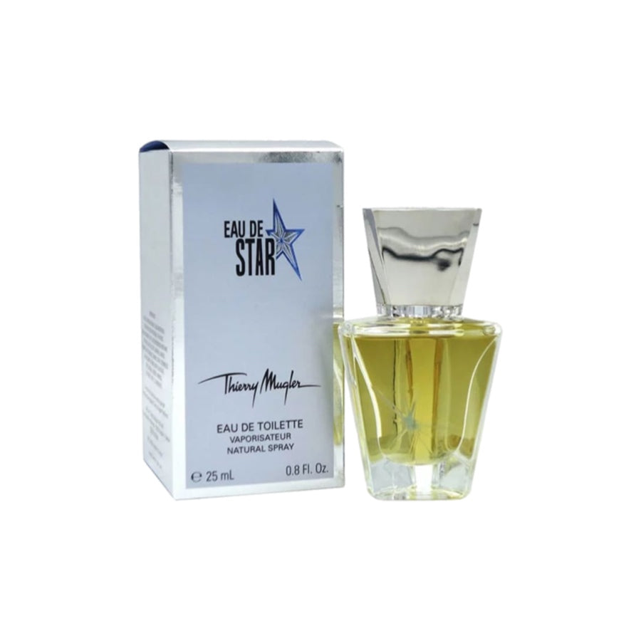 Eau De Star EDT by Thierry Mugler, a bottle of eau de toilette with a capacity of 25ml, displayed next to its packaging box.