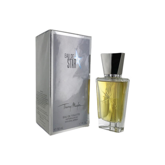A bottle of Eau De Star EDT by Thierry Mugler for women, 1.7oz size, with the box packaging behind it.