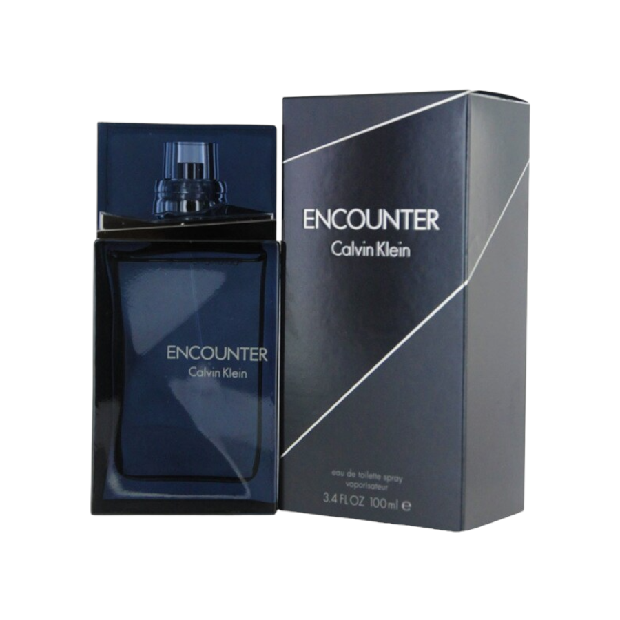 A bottle of Calvin Klein Encounter EDT for men alongside its black packaging box, both displaying the Calvin Klein logo.