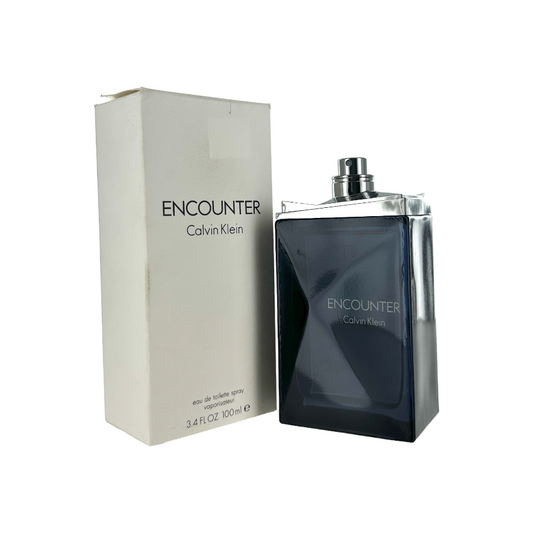 A bottle of Calvin Klein Encounter EDT for men alongside its white box packaging, both displaying the Calvin Klein brand and product name.