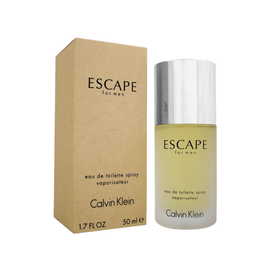 A bottle of Calvin Klein Escape eau de toilette spray for men, alongside its cardboard packaging. The bottle is silver and white, with the label showing the fragrance name and brand.