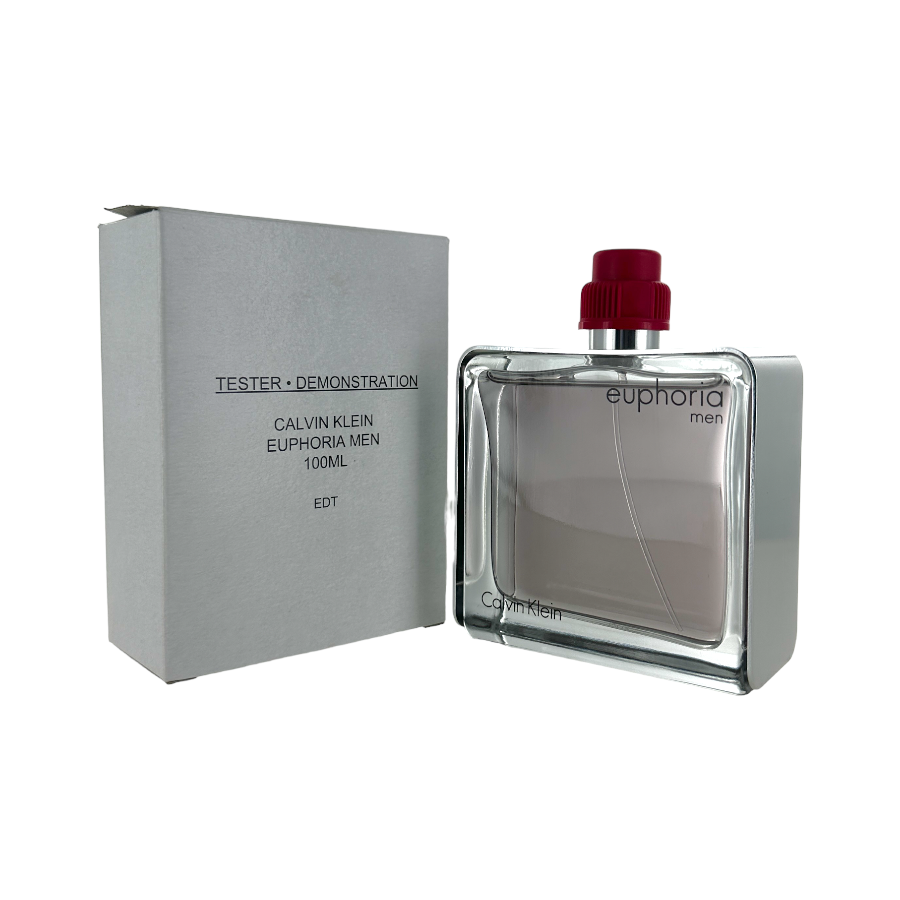A Calvin Klein Euphoria Men EDT tester bottle and packaging, the bottle is clear and the packaging is silver with a red cap.