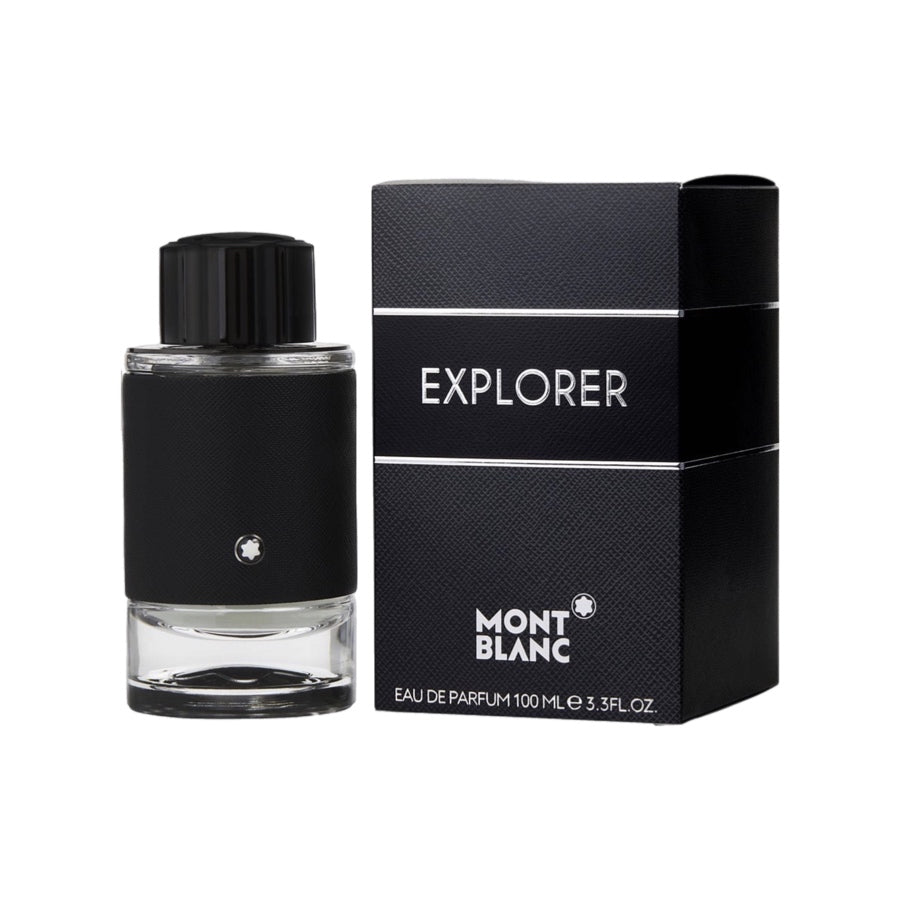 Mont Blanc Explorer EDP bottle and box. The bottle is transparent with a black cap and label, and the box is black with 'EXPLORER' text and Mont Blanc logo.