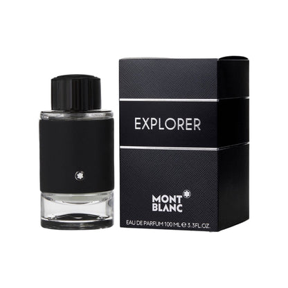 Mont Blanc Explorer EDP bottle and box. The bottle is transparent with a black cap and label, and the box is black with 'EXPLORER' text and Mont Blanc logo.