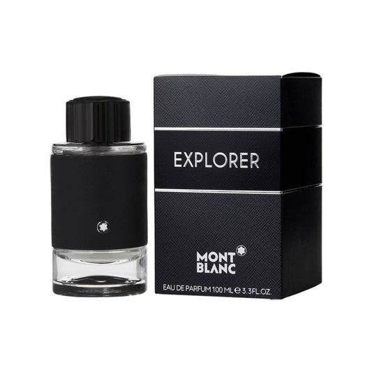 Mont Blanc Explorer EDP bottle and box. The bottle is transparent with a black cap and label, and the box is black with 'EXPLORER' text and Mont Blanc logo.