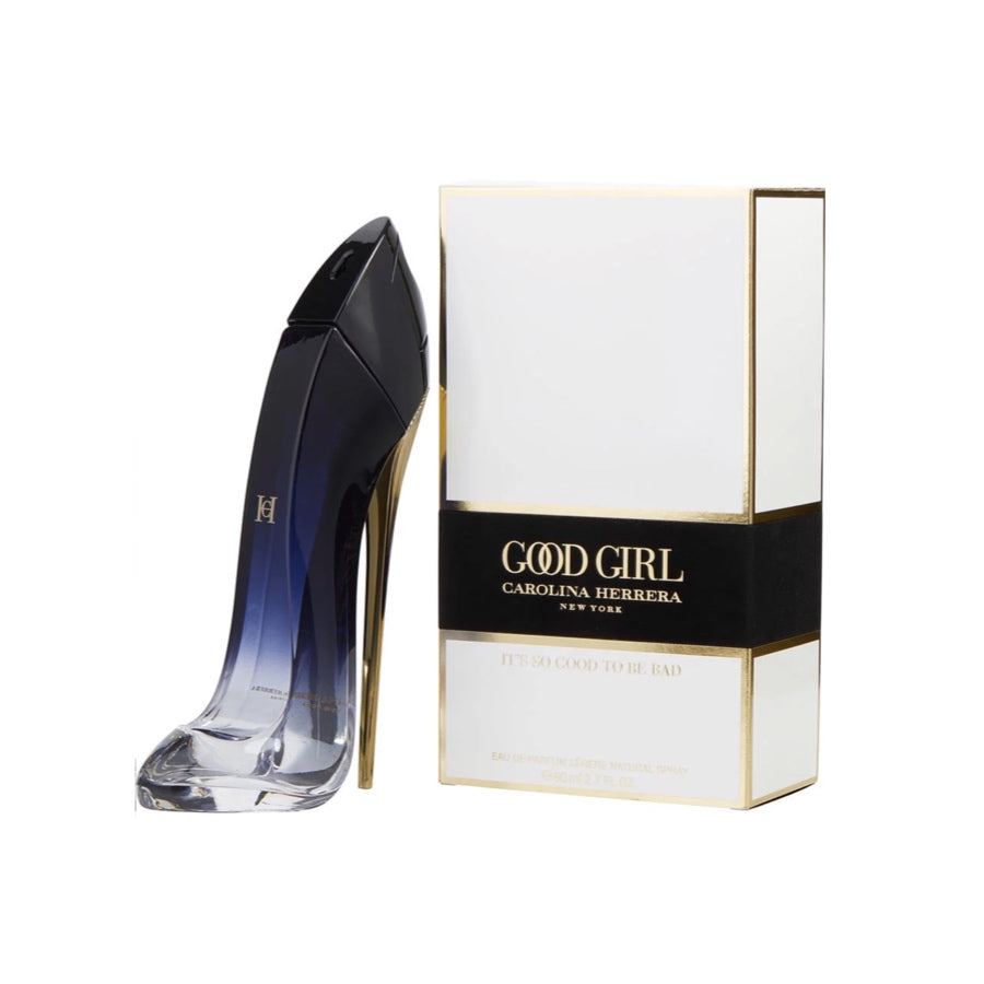 A bottle of Carolina Herrera Good Girl Legere EDP with a high heel shoe next to it, and a white box with gold accents labeled 'GOOD GIRL LEGERE'.