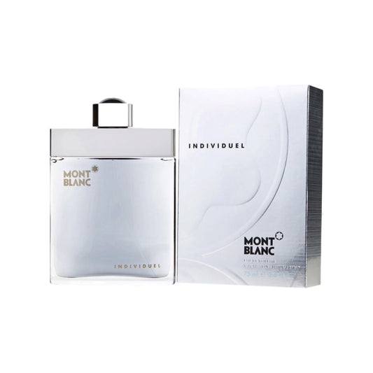 Mont Blanc Individuel Eau de Toilette Spray in a white bottle with gold and black label, accompanied by its packaging box.