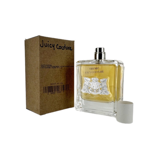 Juicy Couture EDP bottle with tester packaging, showing the box and the clear bottle with gold label.