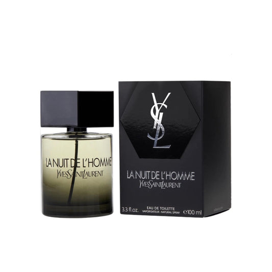 Yves Saint Laurent La Nuit De L'Homme Eau De Toilette Spray in a black bottle with a cap, next to its black packaging box with the YSL logo.