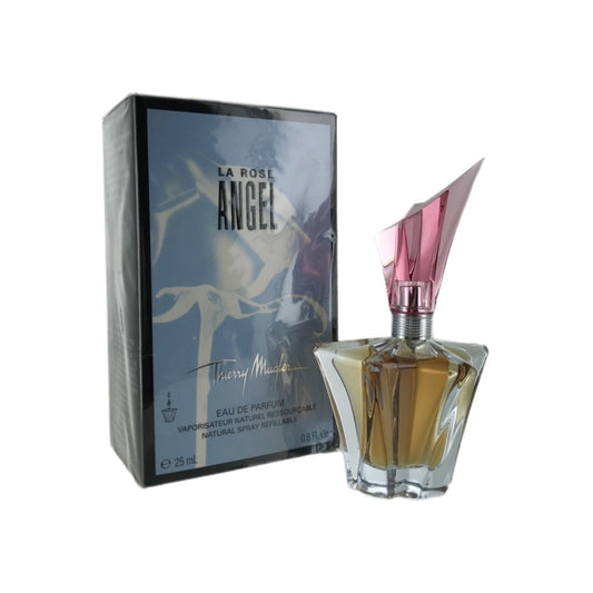 La Rose Angel Eau de Parfum Spray by Thierry Mugler, presented in a square bottle with a pink cap, alongside its black packaging box. The product is displayed without being sealed.