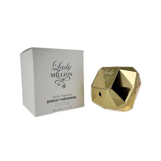 Paco Rabanne Lady Million EDP bottle and tester package, with branding and product information displayed.