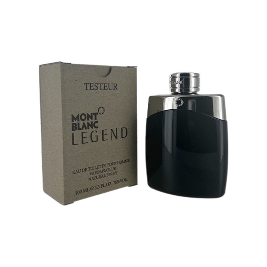 Mont Blanc Legend eau de toilette spray in a black bottle with a silver cap, accompanied by a tester packaging.