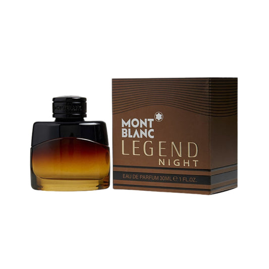 Mont Blanc Legend Night Eau De Parfum Spray in a clear bottle with a black cap, next to its brown packaging box with the fragrance name and brand displayed.