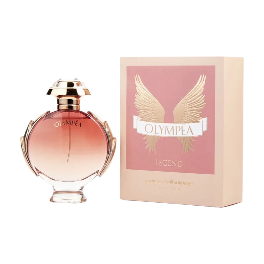 Paco Rabanne Olympea Legend EDP bottle and packaging, the bottle is rose gold-colored with a clear liquid visible inside, and the packaging is also rose gold with a winged design and the brand name on it.