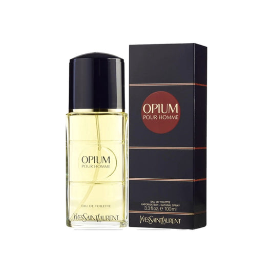 A bottle of Opium Pour Homme EDT by Yves Saint Laurent next to its black box packaging with gold accents.