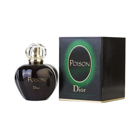 A bottle of Poison EDT by Dior next to its black box packaging with the Dior logo and 'Poison' text in green.