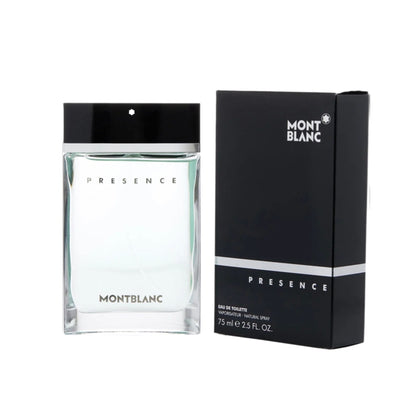 Mont Blanc Presence EDT bottle and packaging, 2.5oz size, black and white color scheme.