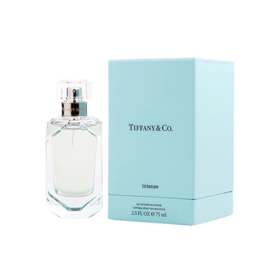 A bottle of Tiffany & Co Intense EDP with a 2.5oz label, accompanied by a blue box with the brand's logo.