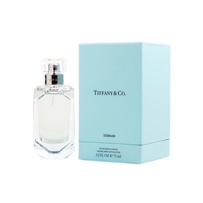 A bottle of Tiffany & Co Intense EDP with a 2.5oz label, accompanied by a blue box with the brand's logo.