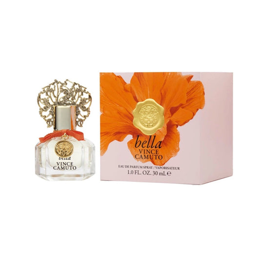 Vince Camuto Bella Eau de Parfum Spray bottle and packaging box with floral design.