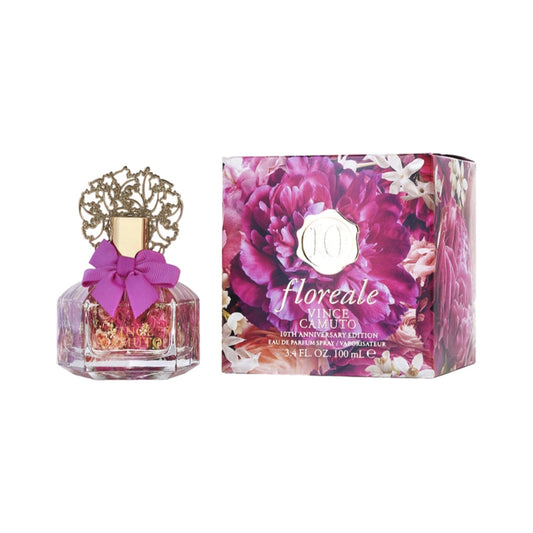 A bottle of Vince Camuto Floreale EDP with a floral design on the label, indicating a 3.4oz size and Eau De Parfum type of fragrance.