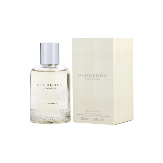 A bottle of Burberry Weekend EDP with a capacity of 3.3oz, accompanied by its packaging box.