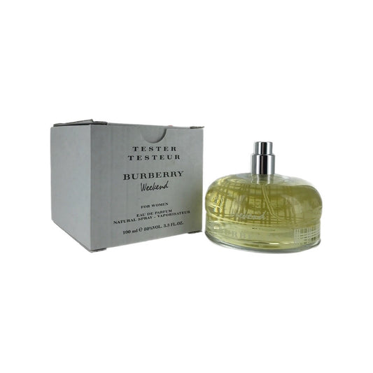 A tester bottle of Burberry Weekend eau de parfum spray alongside its packaging box.
